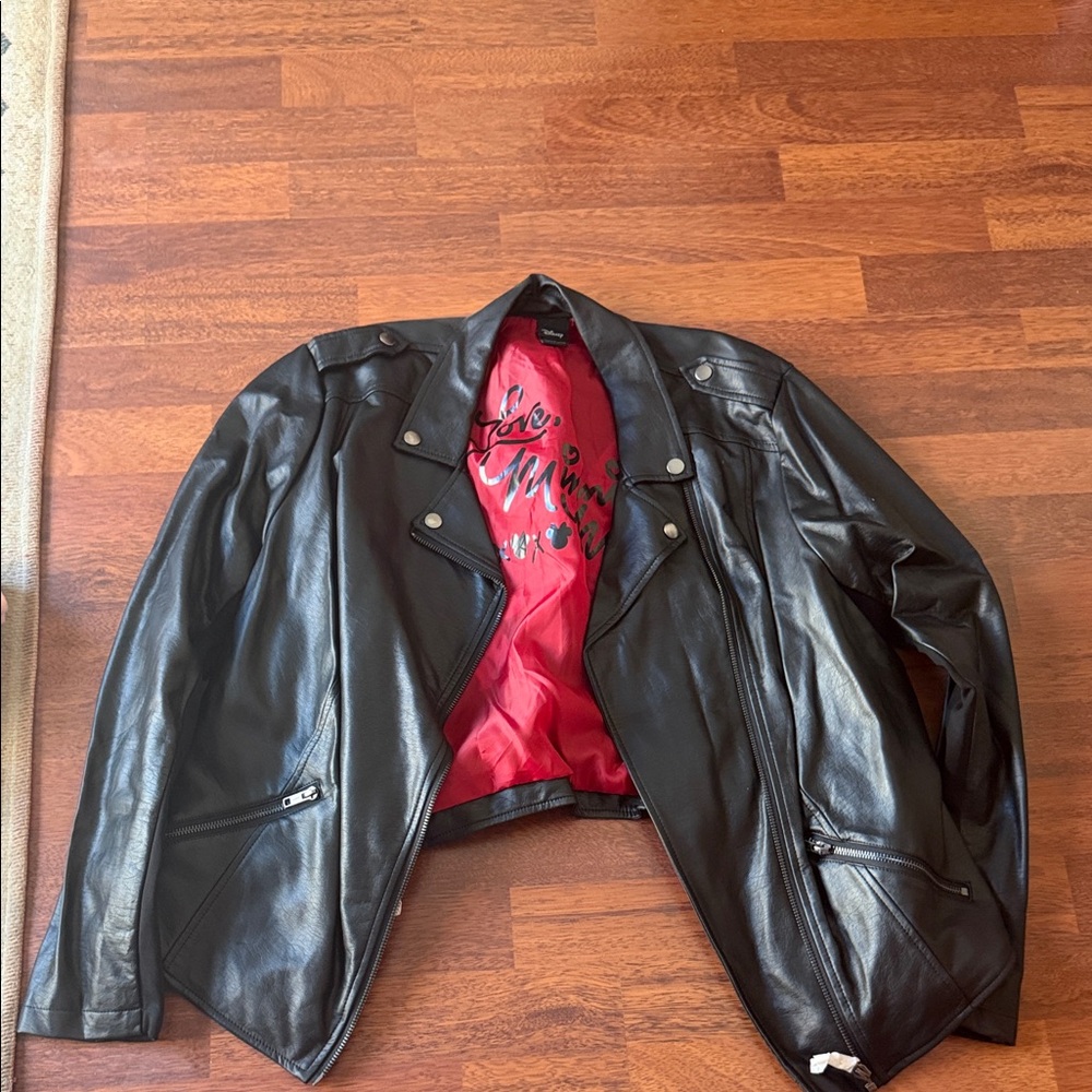 Black Leather Jacket with Red Lining featuring Minnie Mouse